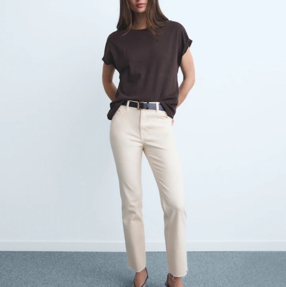 NWT! Mango Sienna Flare Cream Denim-Raw Hem-High Waist-Straight Leg-Sz 12